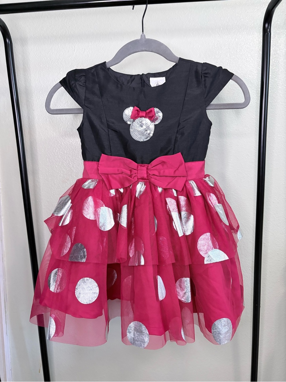 Disney Girls Black and Fuchsia Silver Polka Dot Minnie Mouse Party Dress